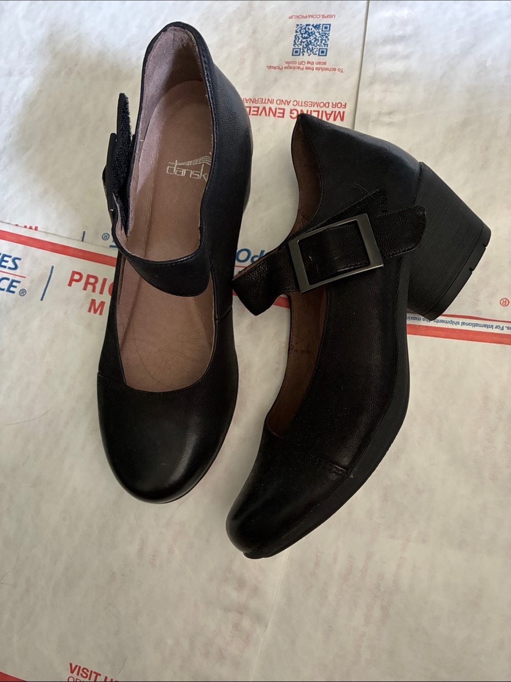 Dansko Black Leather Mary Jane Block Heels with Buckle